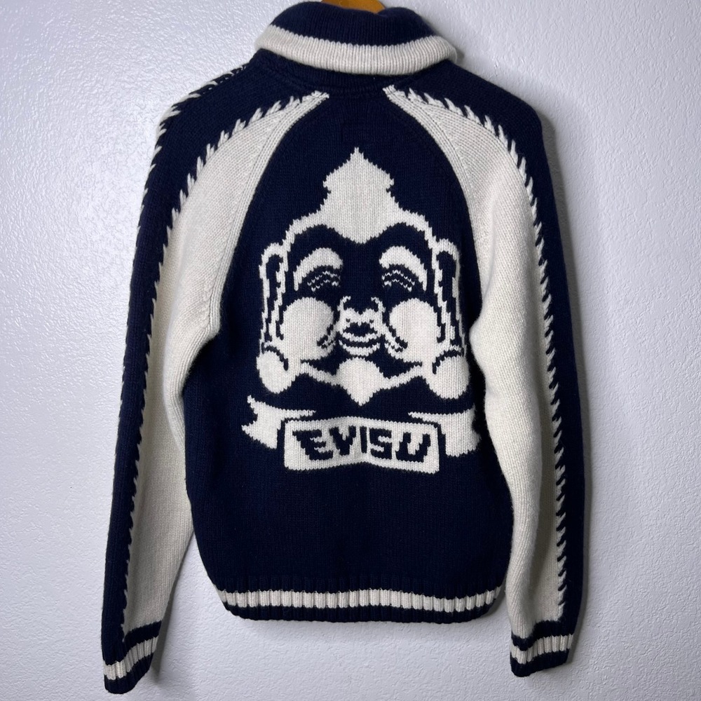 Evisu Heritage Wool Blend Cowichan Full Zip Sweater Navy White Mens Medium - Picture 4 of 8